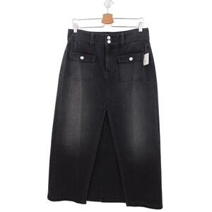 WE THE FREE Madison Black Denim Midi Skirt Front Slit Utility Pockets Size 29